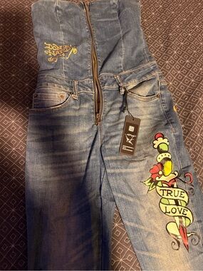 Ed Hardy Blue Denim Men's Jeans with Colorful 'True Love' Embroidery